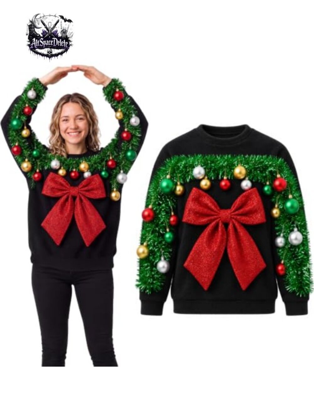 3D Wreath Ugly Christmas Sweater Pullover Loose Fit Polyester